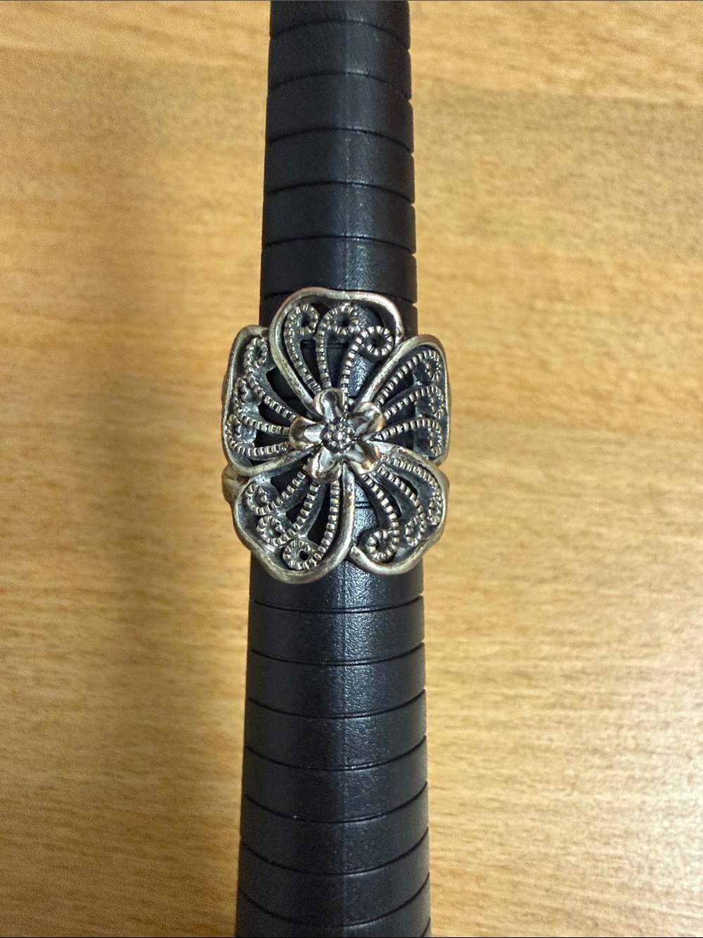Silver tone folded flower bloom statement cocktail ring